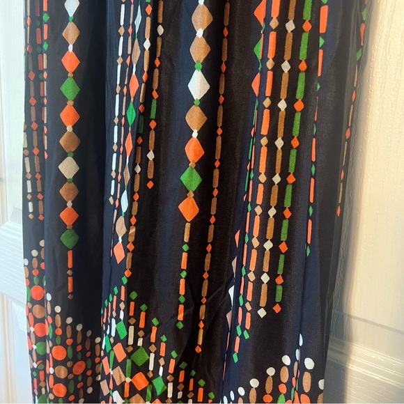 Vintage 70s Leslie Fay Maxi Dress Black Orange Green Circle Dot Geometric small - Picture 3 of 6
